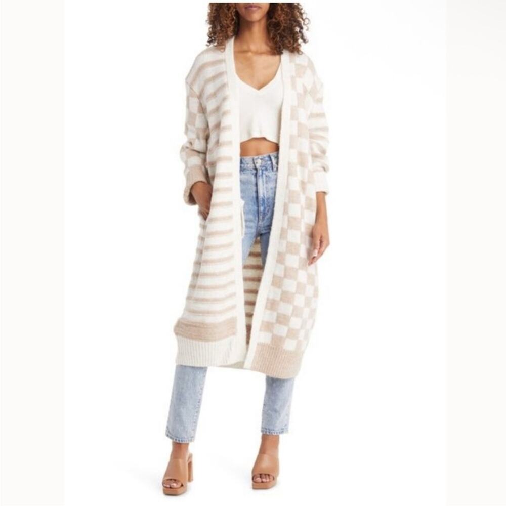 NWOT Topshop knitted checkerboard and stripe maxi cardi in cream Size 4/6